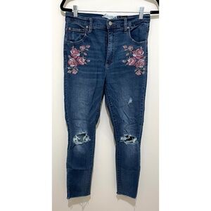 Found tear/damaged. Garage Blue Skinny Jeans with Floral Embroidery